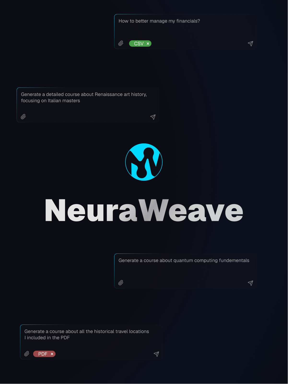 NeuraWeave AI Course Generation Platform - Create AI-generated courses on any topic including financial management, Renaissance art history, quantum computing, and historical travel